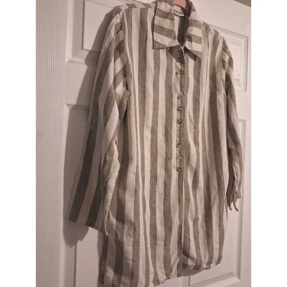 Vntg 90s Linen Blend Striped Button Shirt Tunic Granola Coastal Minimalist